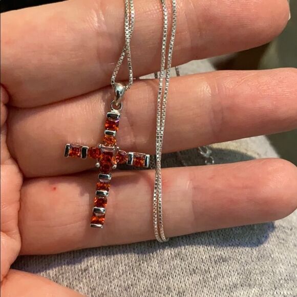 Sterling Silver Cross Necklace-Bole Orange CZ-18" Box Chain - Picture 7 of 8